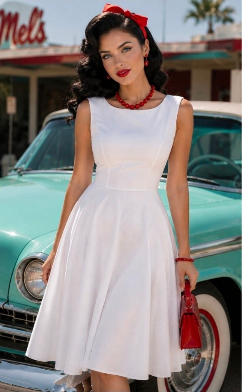 #256 MSRP $40 NWOT HANPCEIRS VINTAGE 1950 WHITE BOATNECK SWING DRESS ♡SIZE S♡
